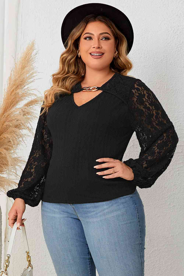 Plus Size Cutout Front Lace Sleeve Blouse | 1mrk.com