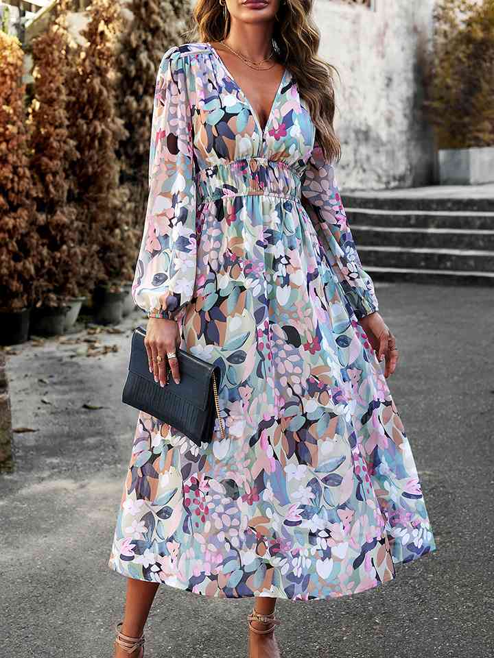 Printed V-Neck Long Sleeve Midi Dress |1mrk.com