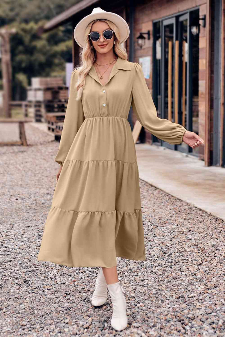 Collared Neck Long Sleeve Midi Dress |1mrk.com