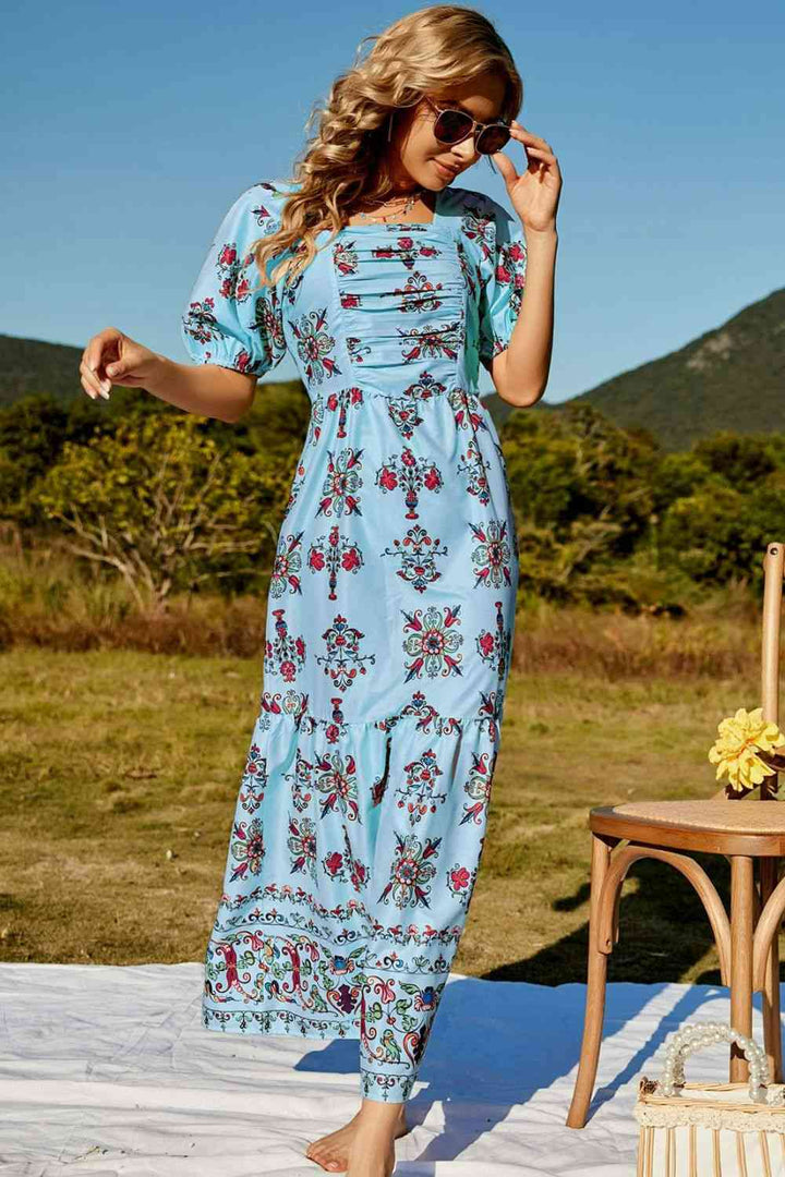 Floral Ruched Puff Sleeve Tiered Maxi Dress | 1mrk.com