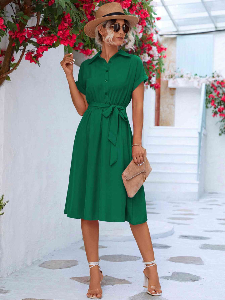 Cuffed Short Sleeve Belted Shirt Dress | 1mrk.com