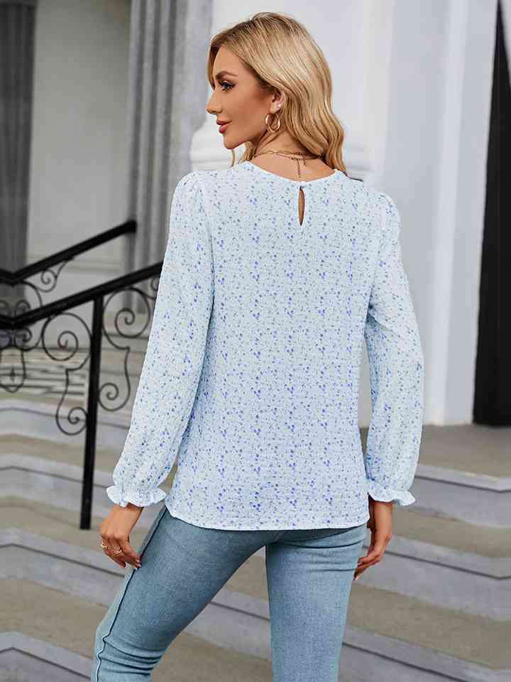 Printed Round Neck Flounce Sleeve Blouse | 1mrk.com