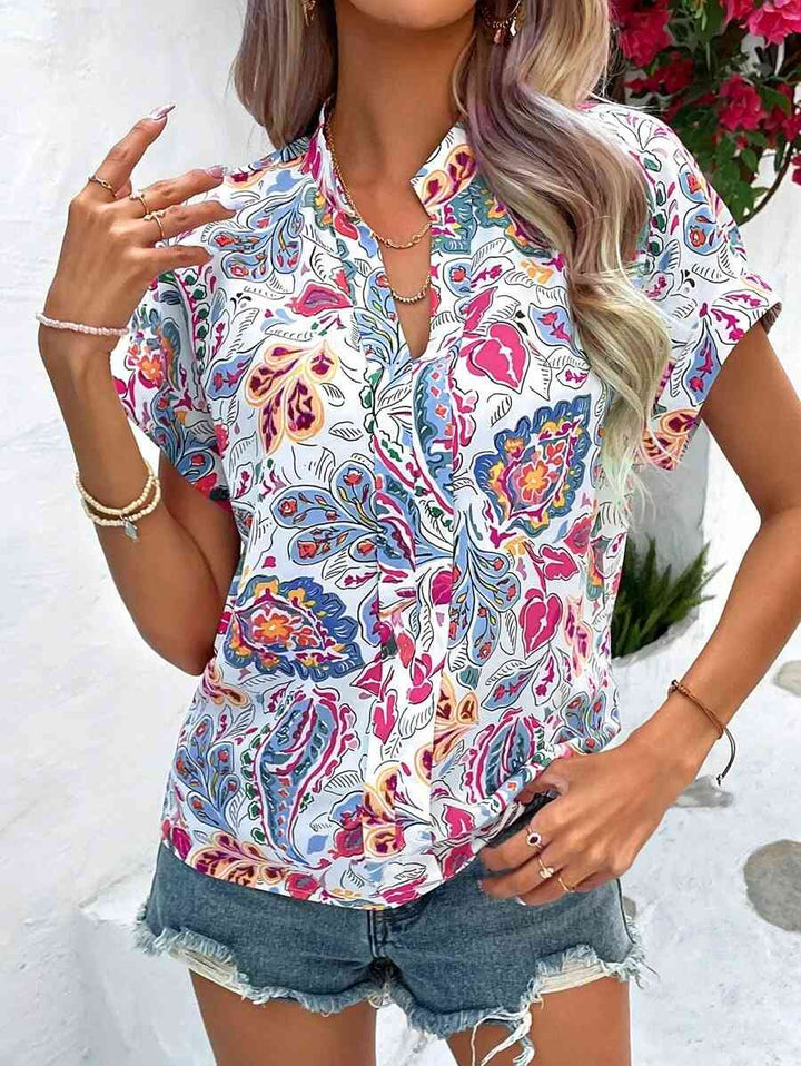 Printed Notched Neck Short Sleeve Blouse | 1mrk.com