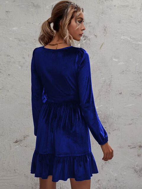 Plunge Long Sleeve Ruffle Hem Dress | 1mrk.com