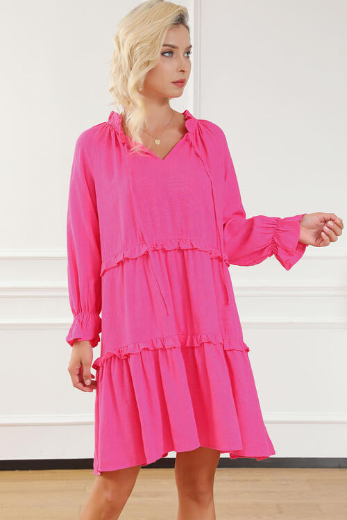 Tie Neck Flounce Sleeve Tiered Dress |1mrk.com