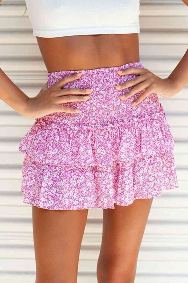 Printed Frill Trim Smocked Mini Skirt |1mrk.com