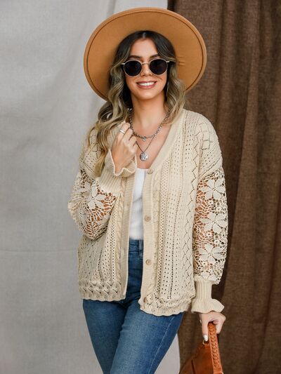 Eyelet Button Up Lantern Sleeve Cardigan |1mrk.com