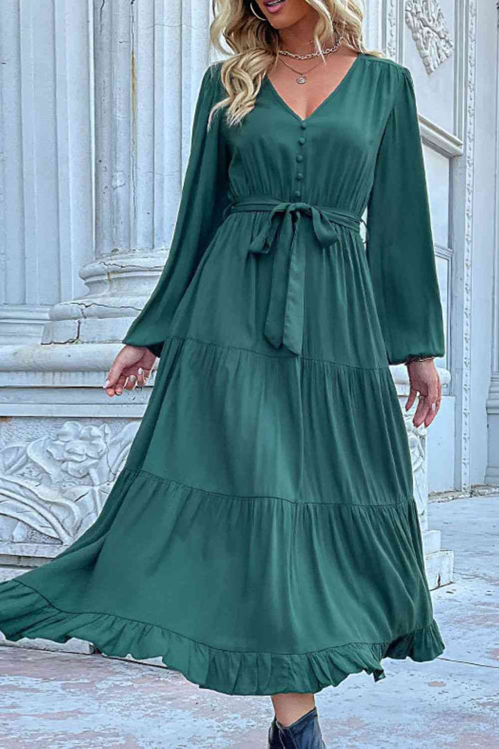 Buttoned V-Neck Puff Sleeve Tiered Dress |1mrk.com