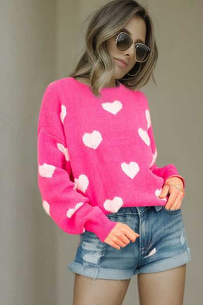 Heart Round Neck Dropped Shoulder Sweater |1mrk.com