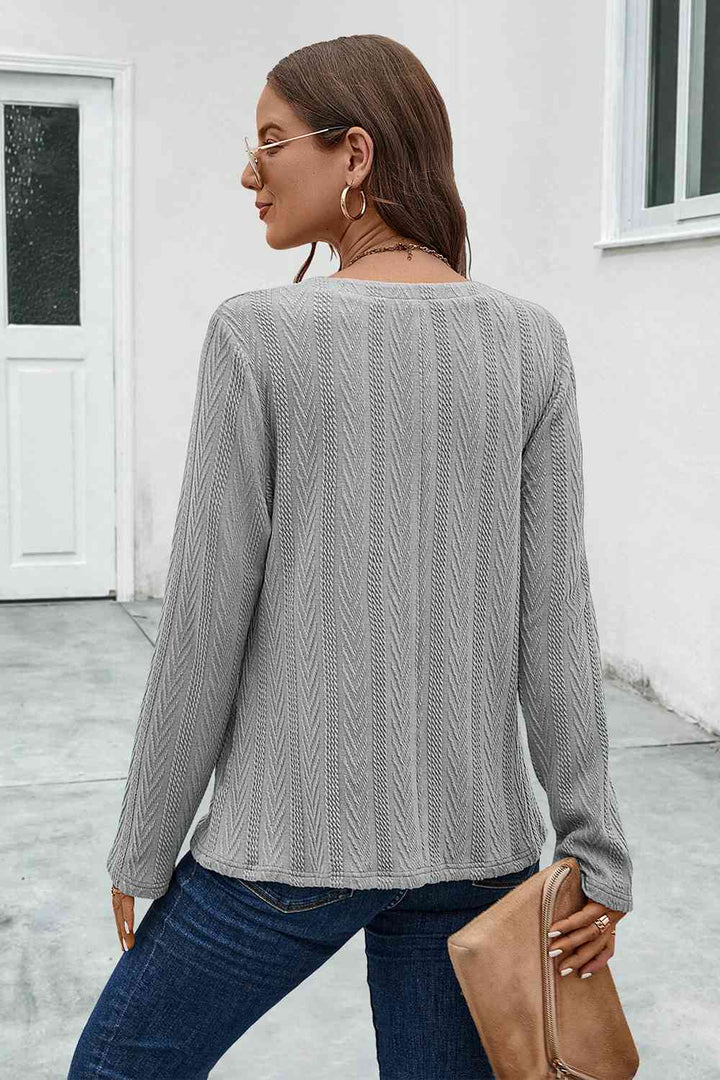 Buttoned Notched Neck Long Sleeve T-Shirt | 1mrk.com