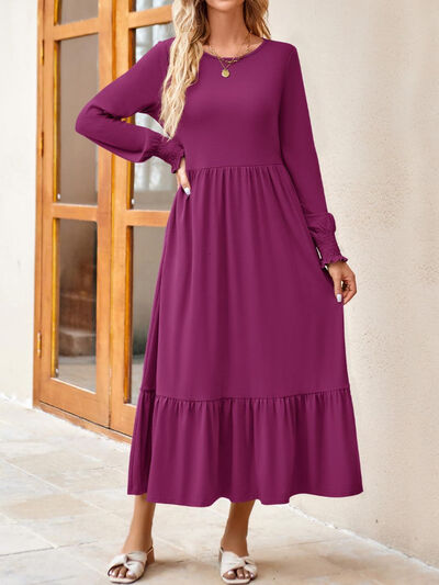 Round Neck Lantern Sleeve Ruffle Hem Dress | 1mrk.com