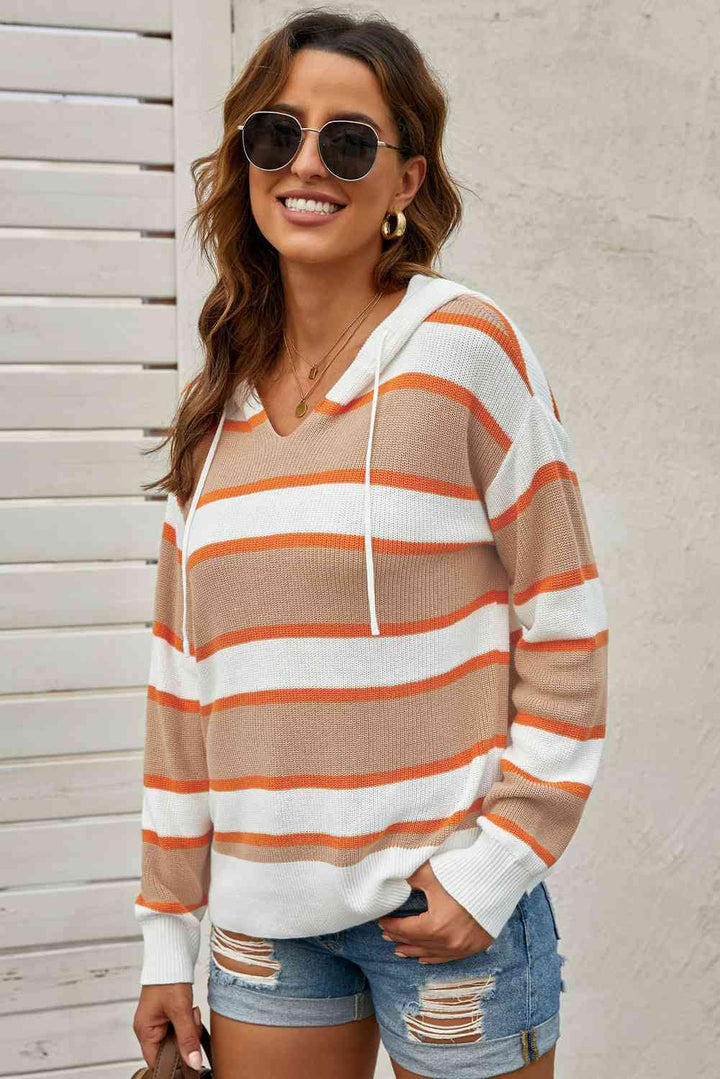 Striped Drawstring Hooded Sweater |1mrk.com