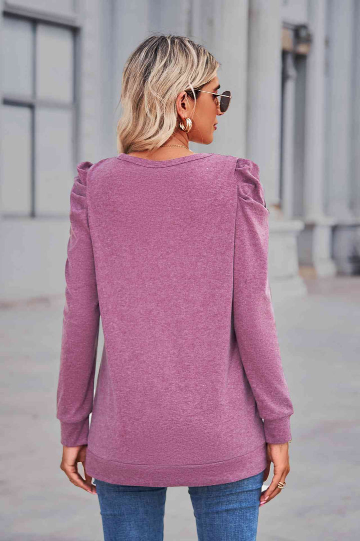 Heathered Puff Sleeve Round Neck Tunic Top | 1mrk.com