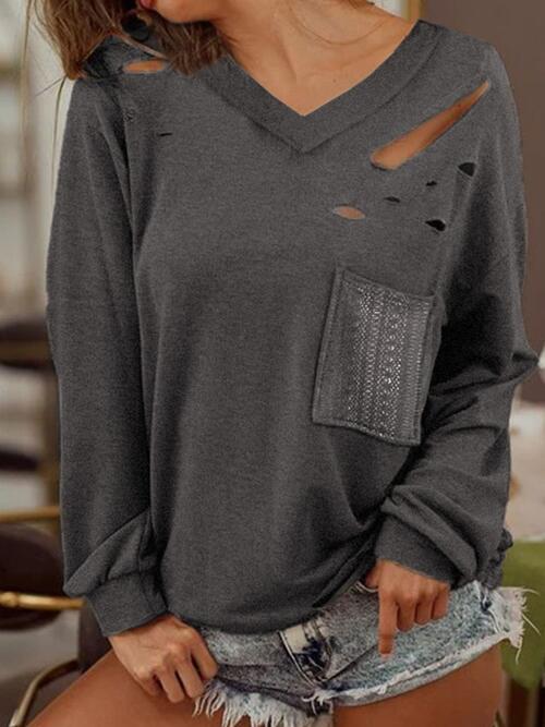 Distressed V-Neck Long Sleeve T-Shirt With Pockets | 1mrk.com