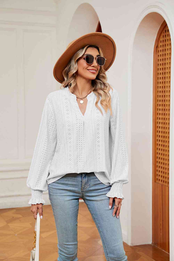 Notched Neck Flounce Sleeve Blouse | 1mrk.com