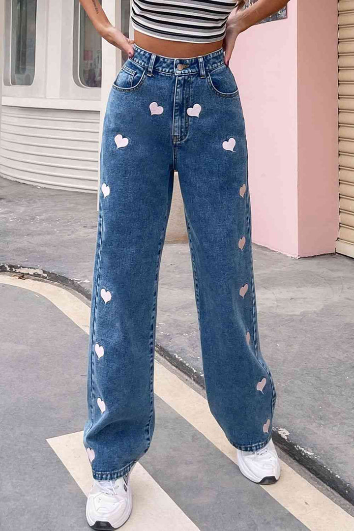 Heart Print Buttoned Jeans | 1mrk.com