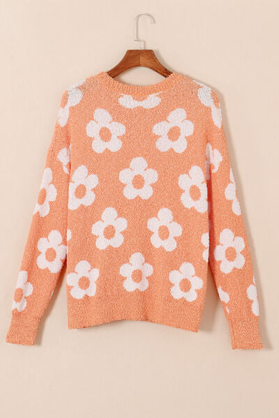 Flower Round Neck Dropped Shoulder Sweater |1mrk.com