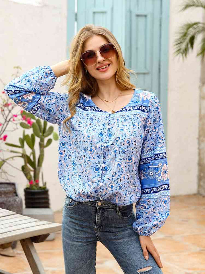 Full Size Bohemian Round Neck Balloon Sleeve Shirt |1mrk.com