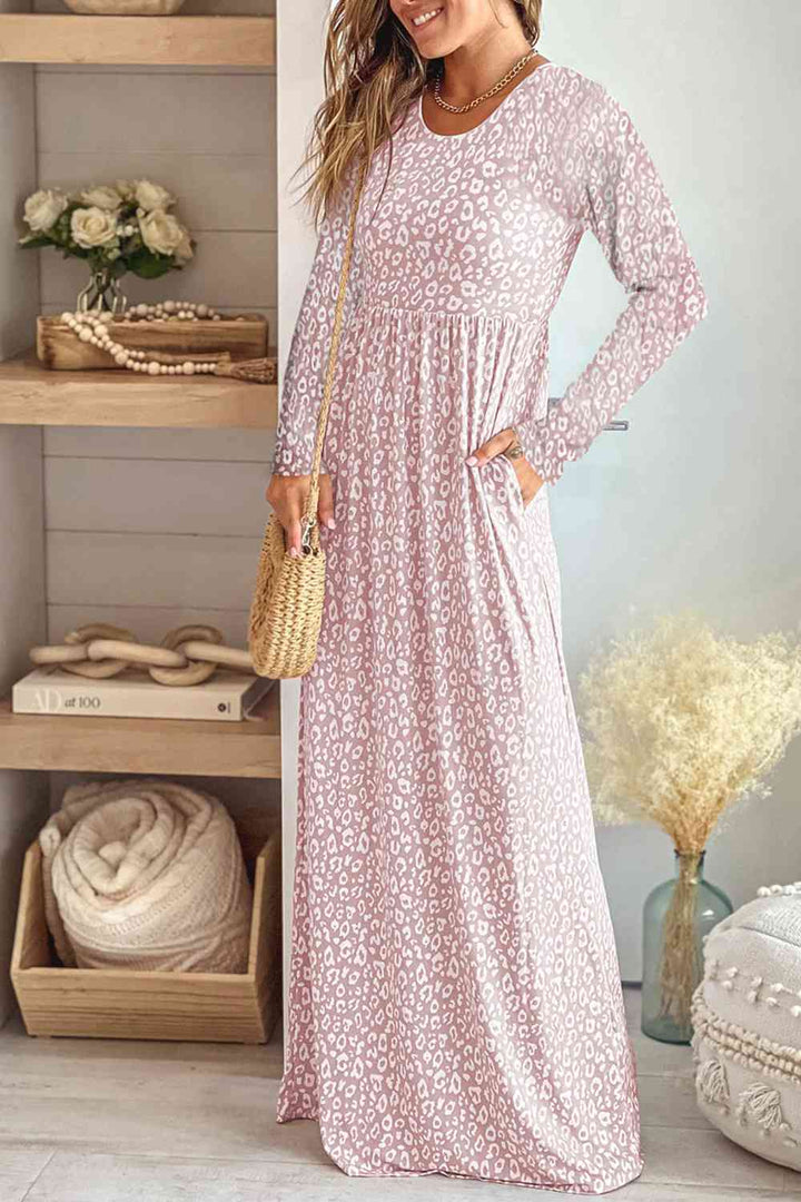 Leopard Round Neck Long Sleeve Maxi Dress |1mrk.com