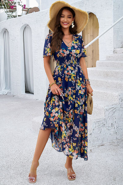 Smocked Floral V-Neck Short Sleeve Dress |1mrk.com