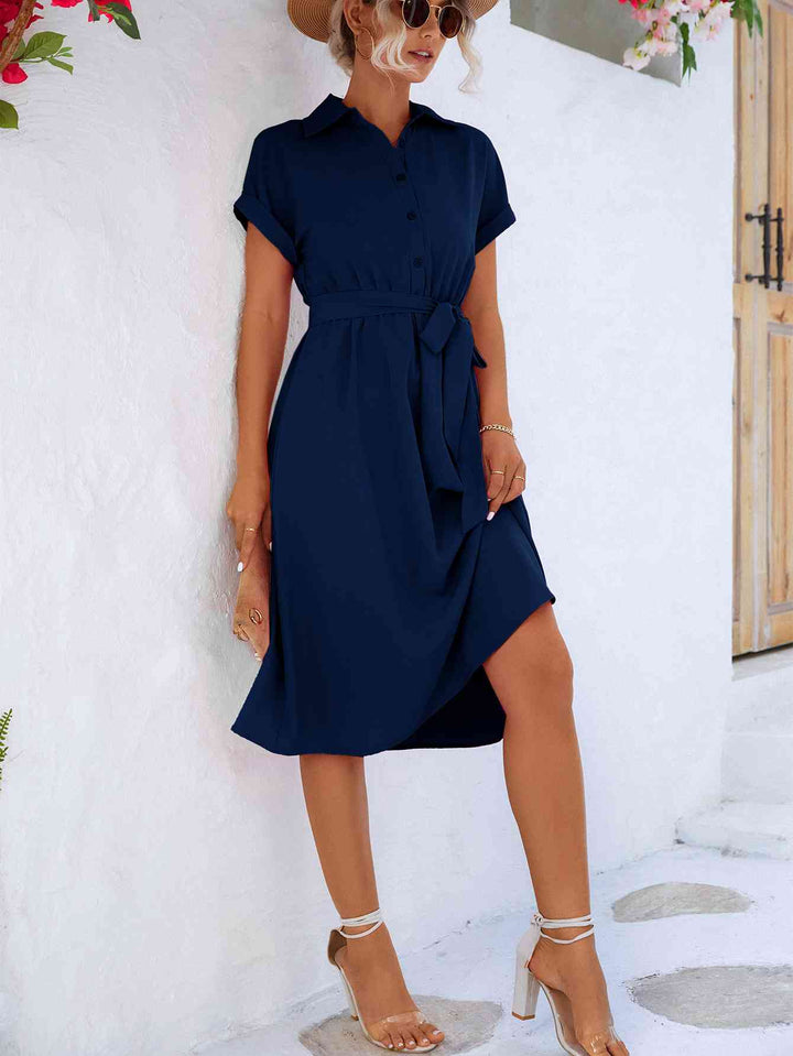 Cuffed Short Sleeve Belted Shirt Dress | 1mrk.com