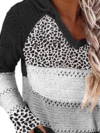 Full Size Openwork Leopard Drawstring Hooded Sweater |1mrk.com