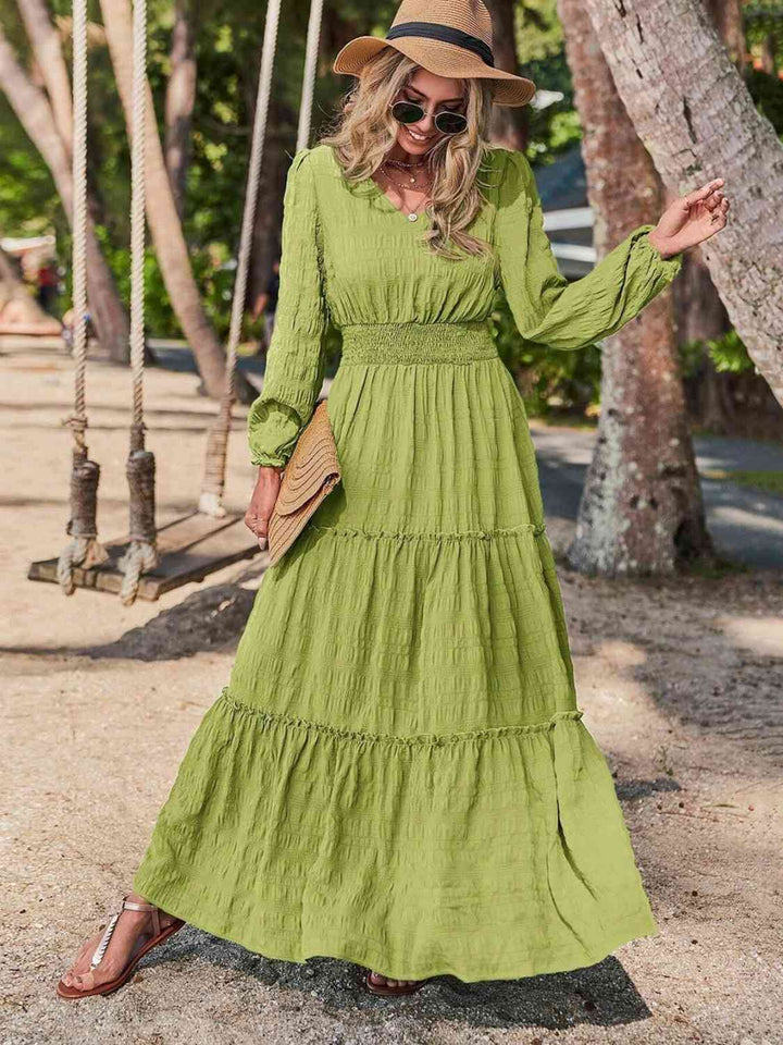 Smocked Waist V-Neck Maxi Dress |1mrk.com