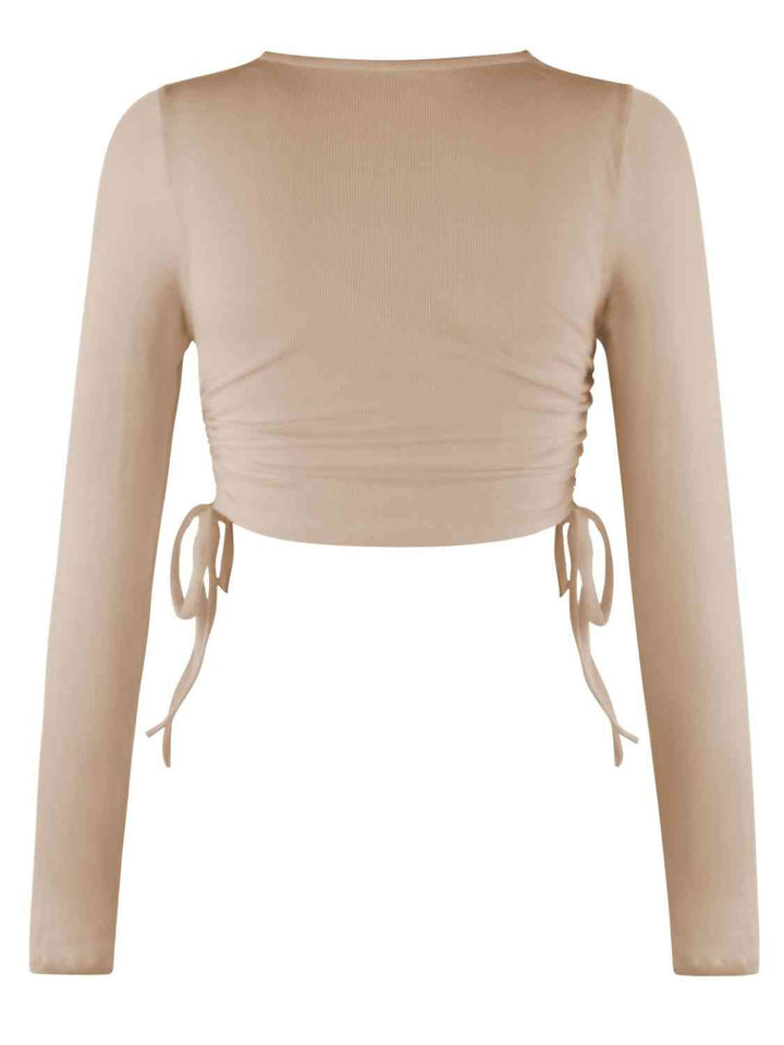 Drawstring Round Neck Long Sleeve Top | 1mrk.com