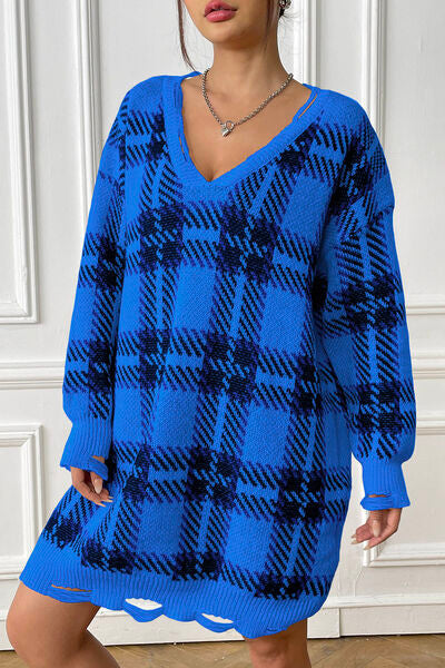 Plaid V-Neck Long Sleeve Sweater Dress | 1mrk.com