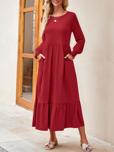 Round Neck Lantern Sleeve Ruffle Hem Dress | 1mrk.com