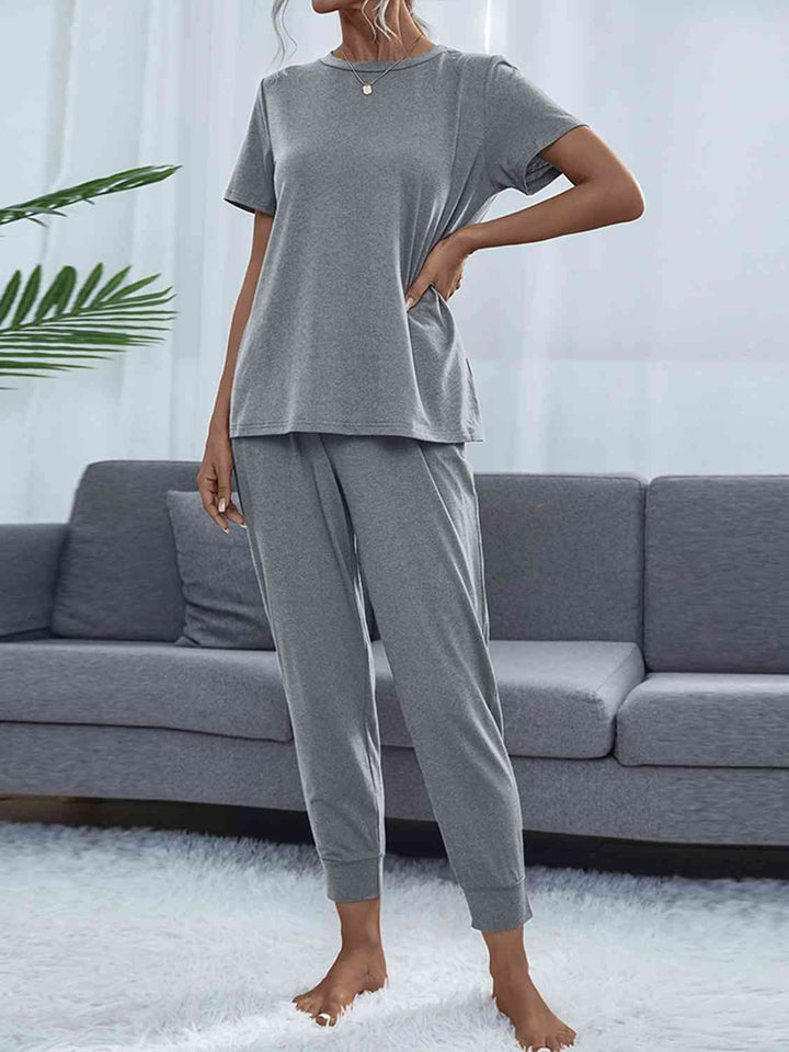 Round Neck Short Sleeve Top and Pants Set | 1mrk.com