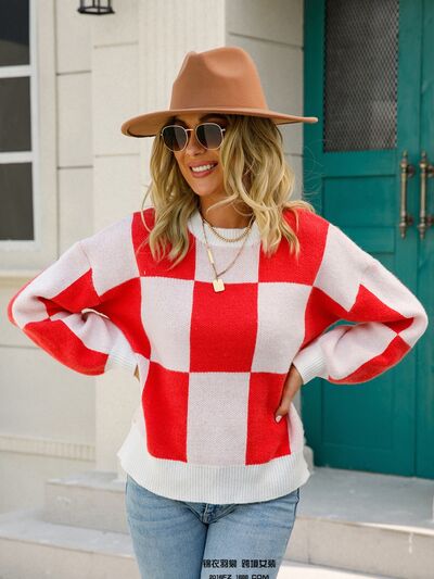 Checkered Round Neck Dropped Shoulder Sweater |1mrk.com