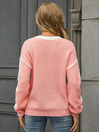 Contrast Round Neck Dropped Shoulder Sweater |1mrk.com