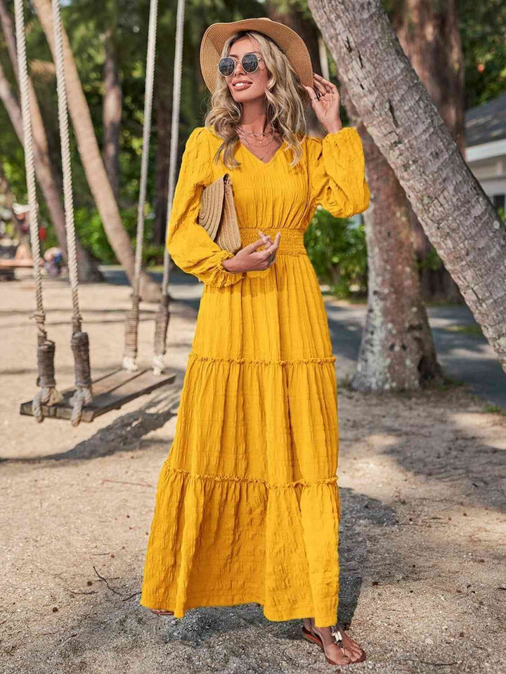 Smocked Waist V-Neck Maxi Dress |1mrk.com