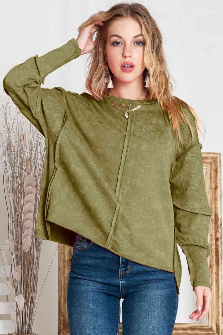 Full Size Exposed Seams Round Neck Dropped Shoulder Sweatshirt |1mrk.com