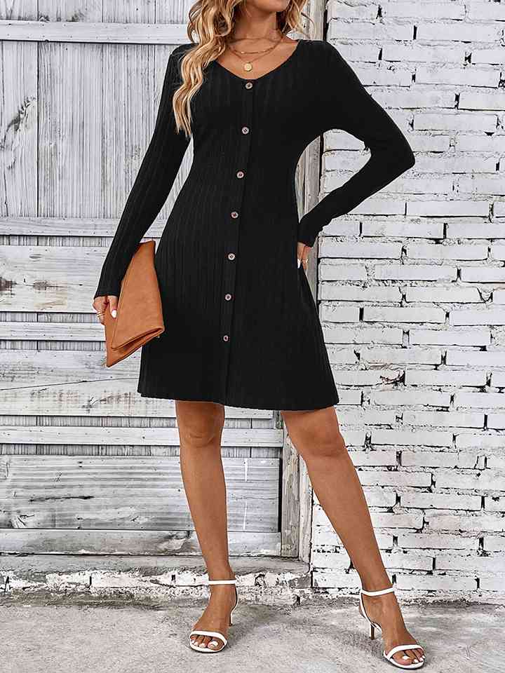 V-Neck Long Sleeve Mini Dress |1mrk.com