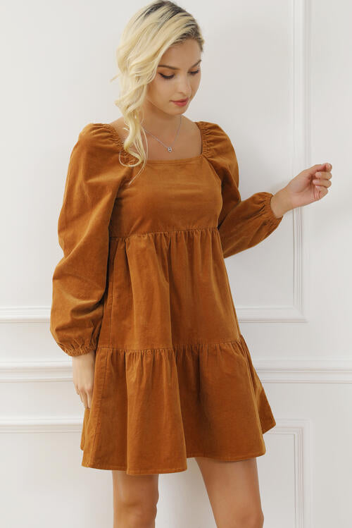Square Neck Long Sleeve Tiered Dress | 1mrk.com