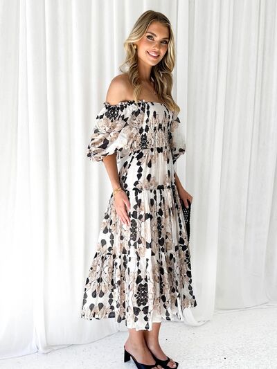 Printed Smocked Off-Shoulder Tiered Dress |1mrk.com