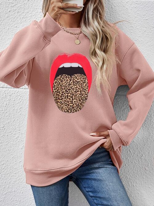 Leopard Lip Graphic Round Neck Sweatshirt |1mrk.com