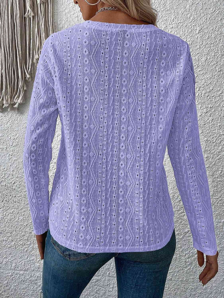 Eyelet Round Neck Long Sleeve Top | 1mrk.com