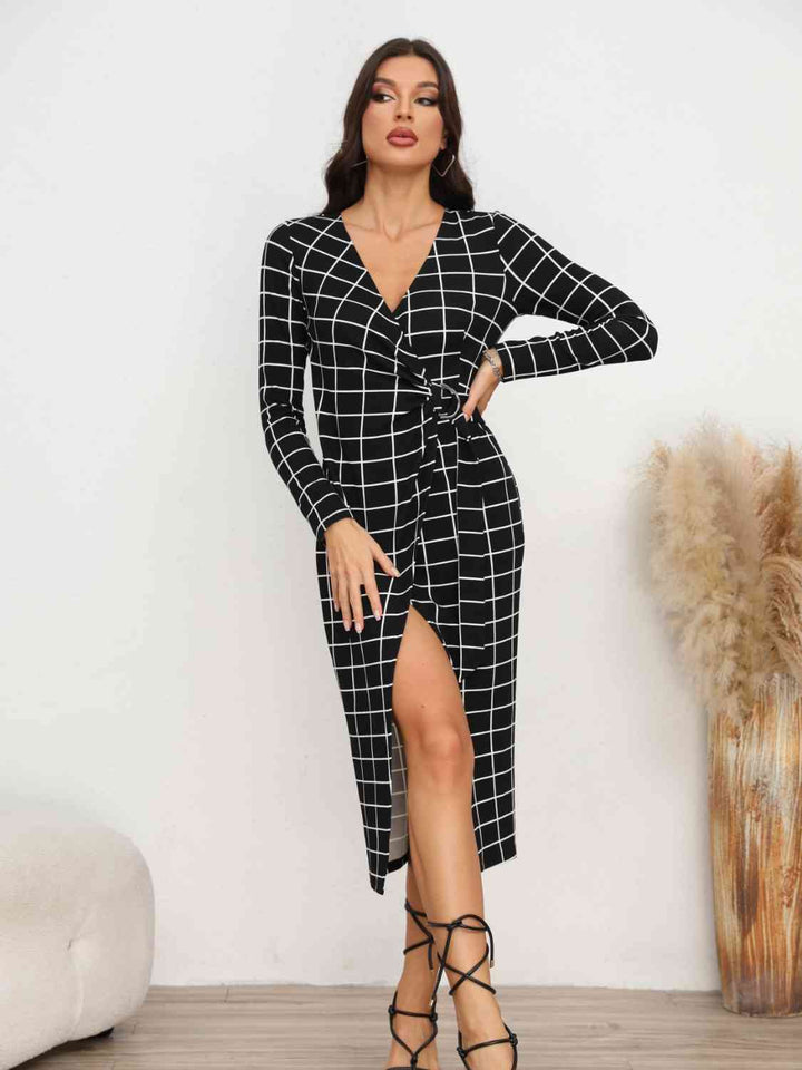 Plaid Long Sleeve Slit Dress |1mrk.com