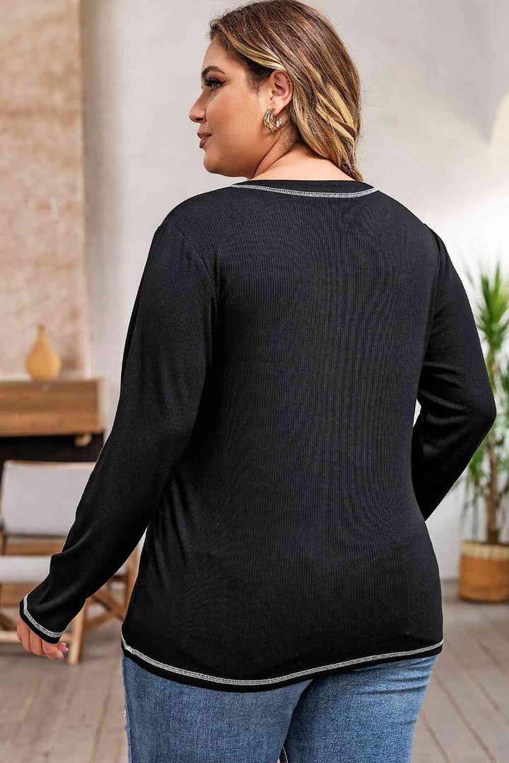 Plus Size Notched Neck Long Sleeve T-Shirt | 1mrk.com