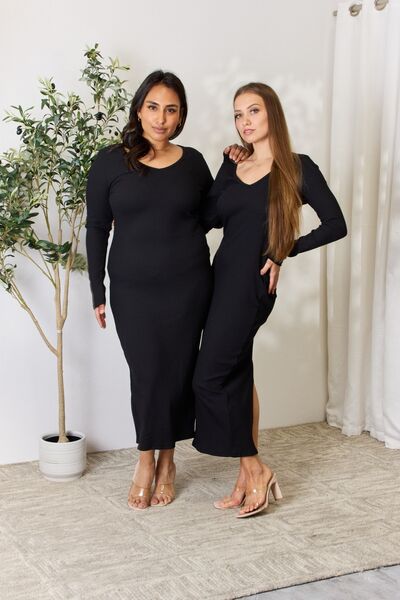 Culture Code Full Size Ribbed Long Sleeve Midi Slit Dress | 1mrk.com