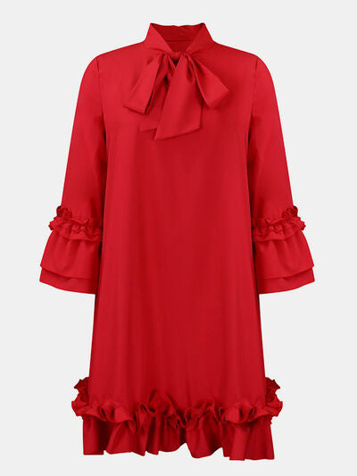 Frill Tie Neck Three-Quarter Sleeve Dress |1mrk.com