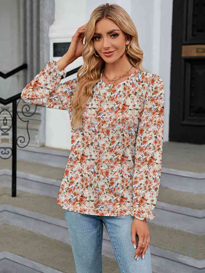 Printed Round Neck Flounce Sleeve Blouse | 1mrk.com