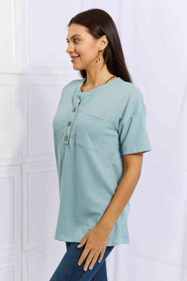 Heimish Made For You Full Size 1/4 Button Down Waffle Top in Blue | 1mrk.com