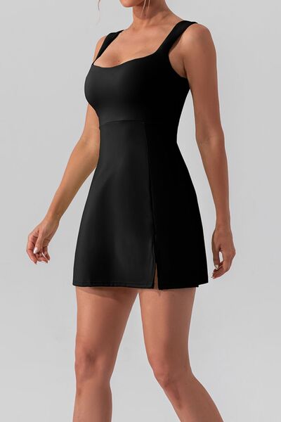 Square Neck Sleeveless Slit Mini Active Dress |1mrk.com