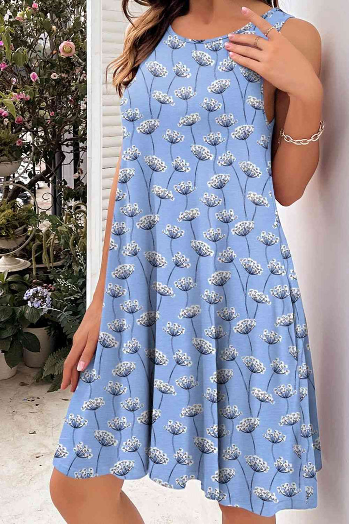 Printed Round Neck Sleeveless Dress |1mrk.com