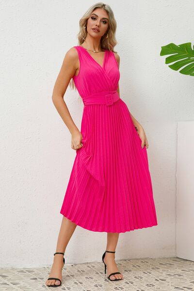 Surplice Sleeveless Midi Pleated Dress |1mrk.com