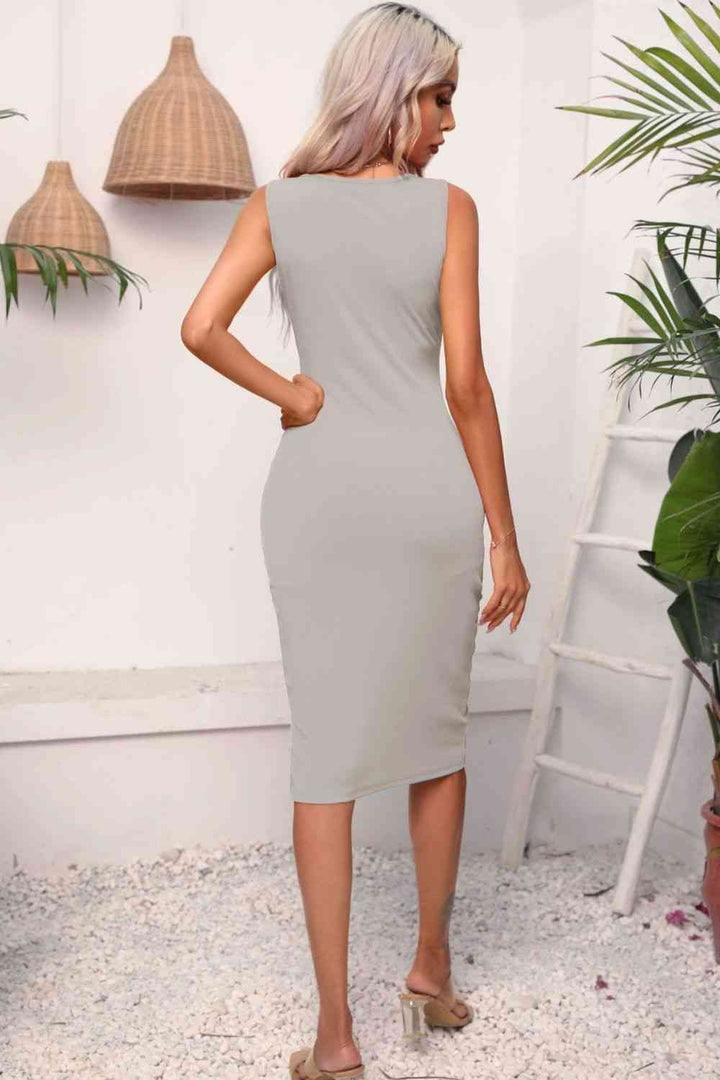 Drawstring Ruched Slit Sleeveless Dress |1mrk.com